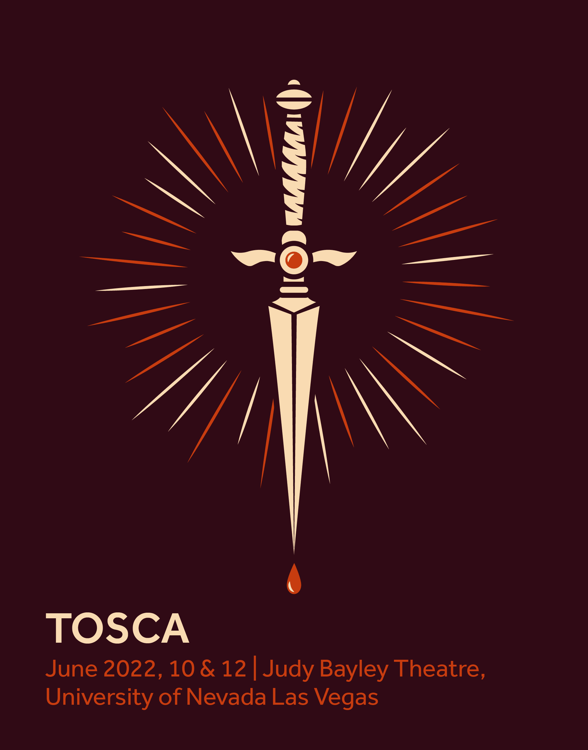 Tosca graphic, showing a bejeweled dagger dripping blood.