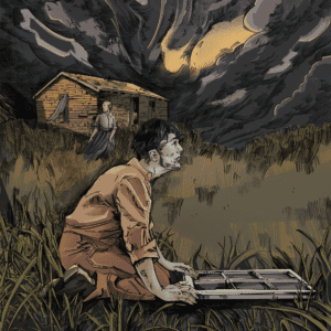 Opera Las Vegas' poster for "Proving Up": A boy crouches over a window frame in a field below a dark and brooding sky, his mother worriedly standing in the background in front of their 19th century sod house.