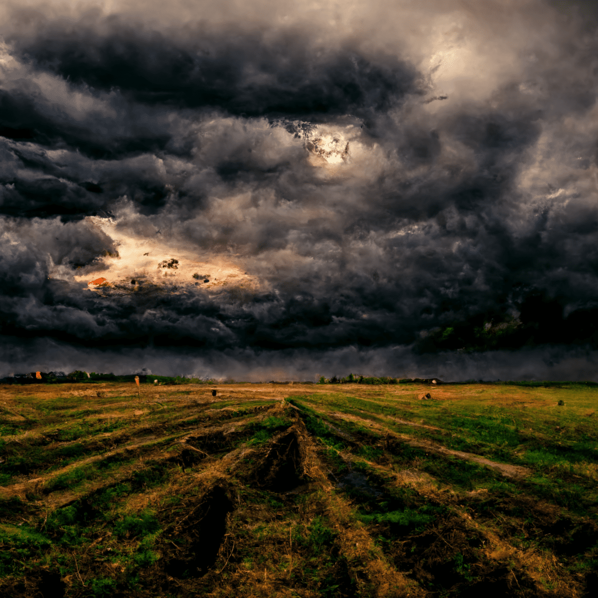 An empty field under a dark and brooding sky.