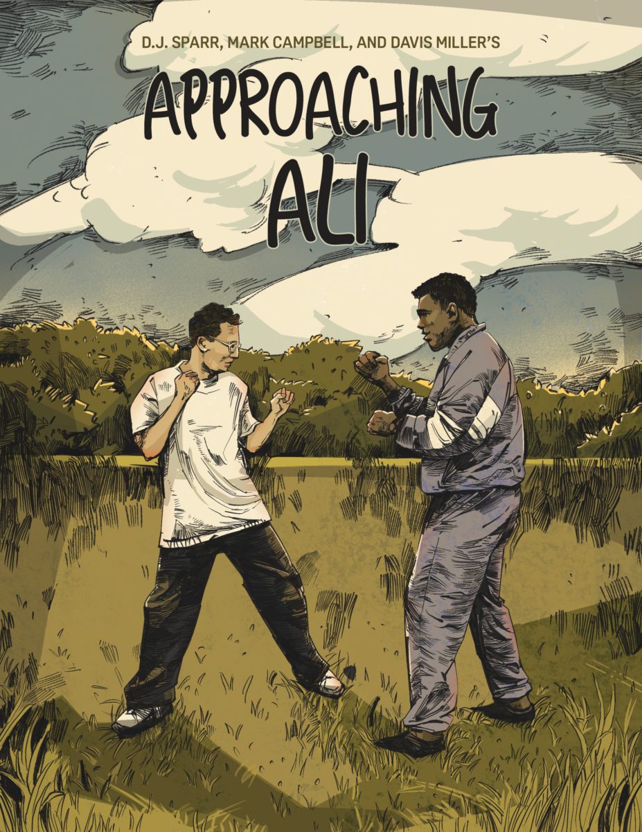 Opera Las Vegas' poster for "Approaching Ali". A graphic illustration of a young Davis Miller play-sparring with Muhammad Ali in a field.