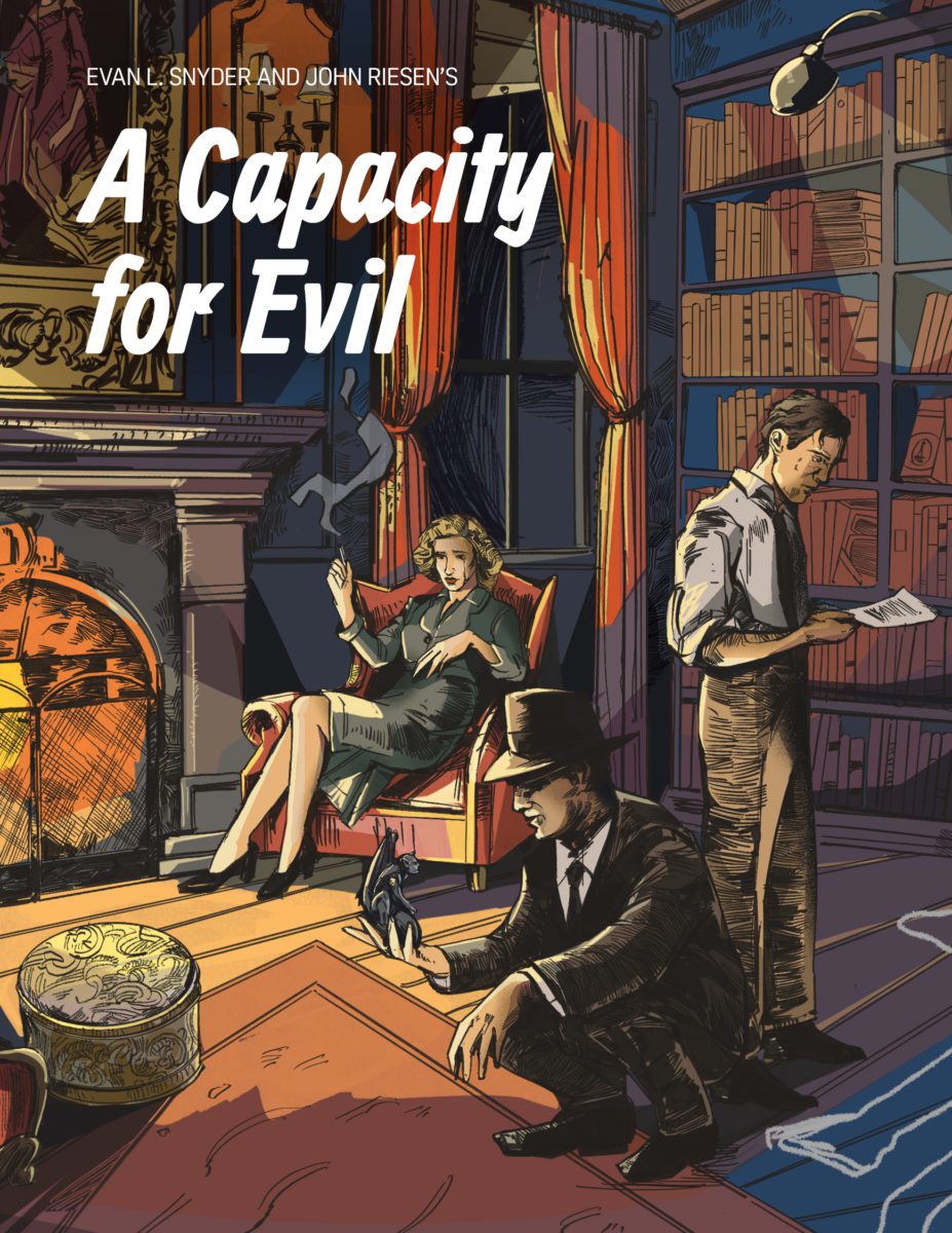 Opera Las Vegas's poster for "A Capacity for Evil". Two detectives mull over some papers and a small gargoyle statue, a femme fatale of a woman sits behind them crying and smoking a cigarette.