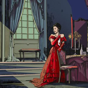 Opera Las Vegas' poster for La Traviata. Violetta stands in a dark, elegant dining room with tall windows and moonlight streaming in. She is wearing a red ballgown and worriedly clutching a bloodstained hankerchief.
