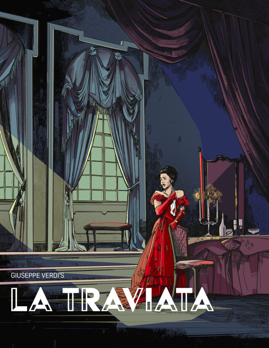 Opera Las Vegas' poster for La Traviata. Violetta stands in a dark, elegant dining room with tall windows and moonlight streaming in. She is wearing a red ballgown and worriedly clutching a bloodstained hankerchief.
