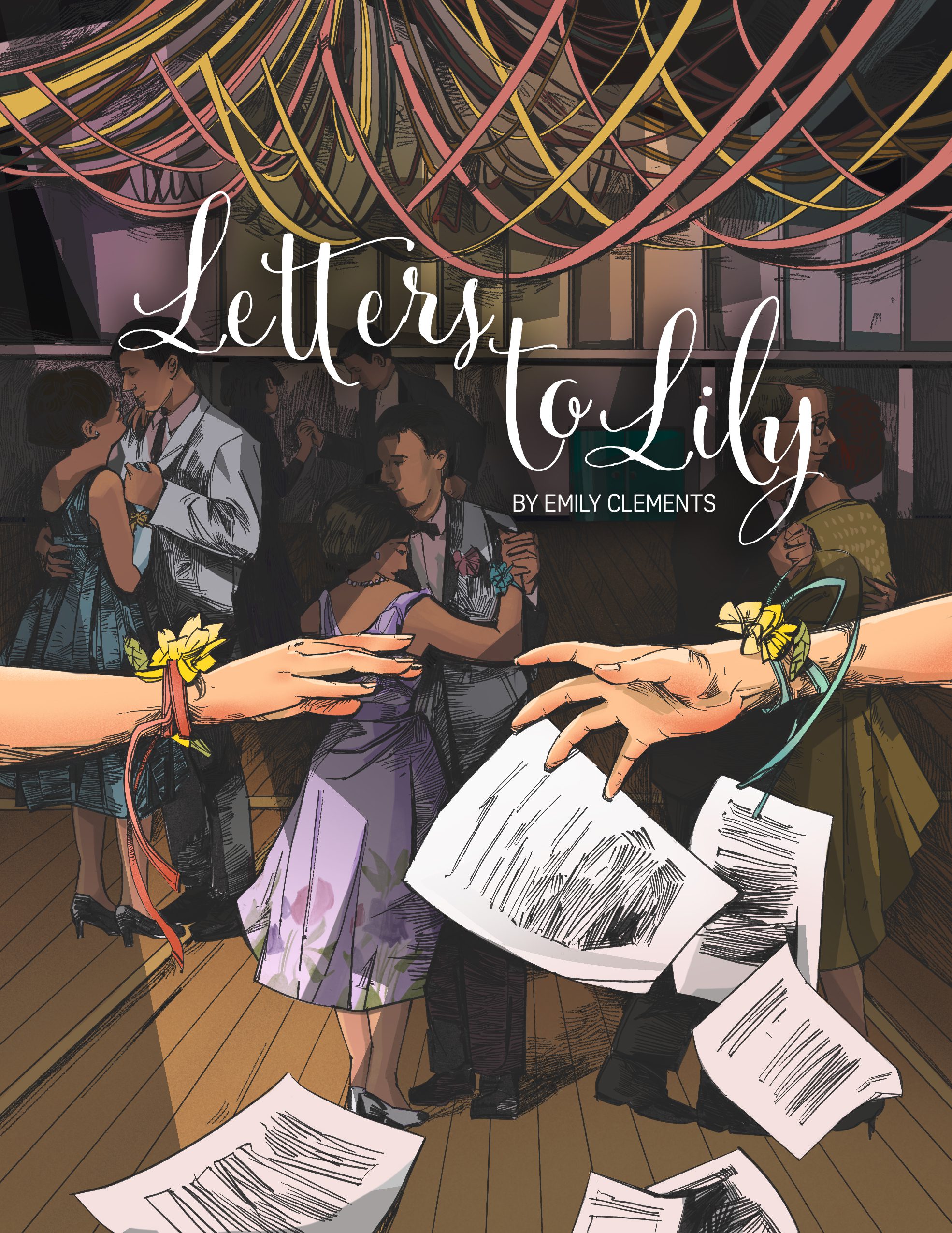 Opera Las Vegas' poster for "Letters To Lily". A dimly-lit prom dance, two hands wearing wrist corsages reach for each other as letters dramatically fall through the air.