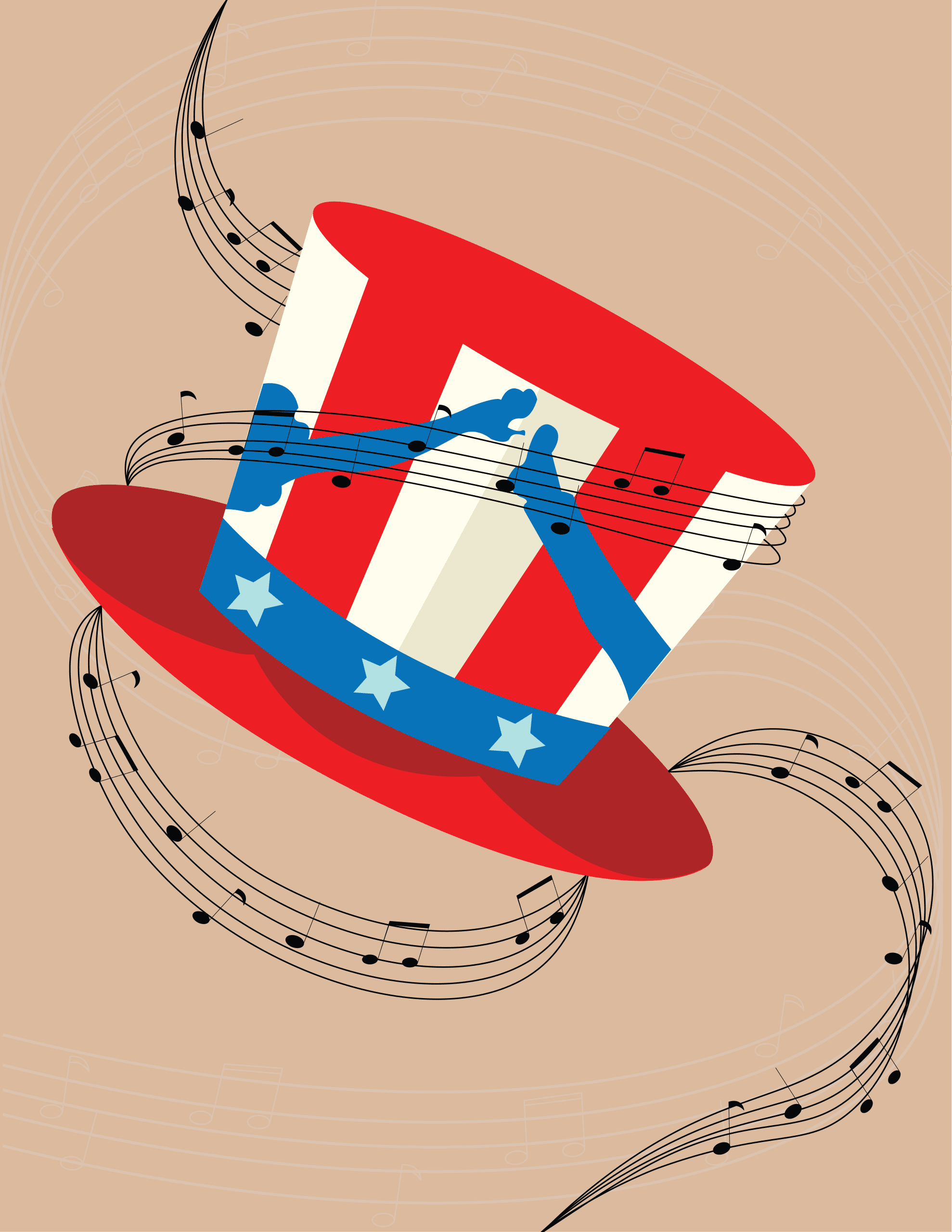 Voices Raised for Vets poster, featuring an Uncle Sam hat with swirling music notes surrounding it over a beige background.