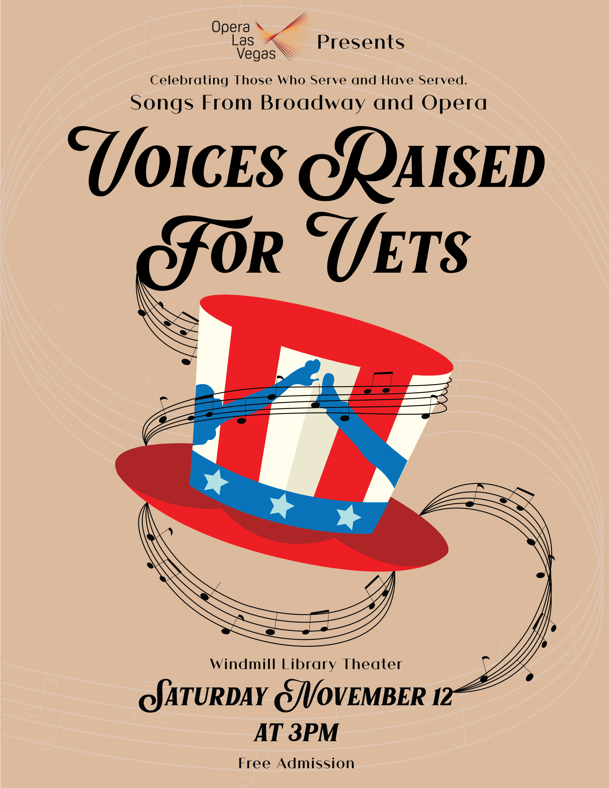 Voices Raised for Vets poster, featuring an Uncle Sam hat with swirling music notes surrounding it over a beige background.