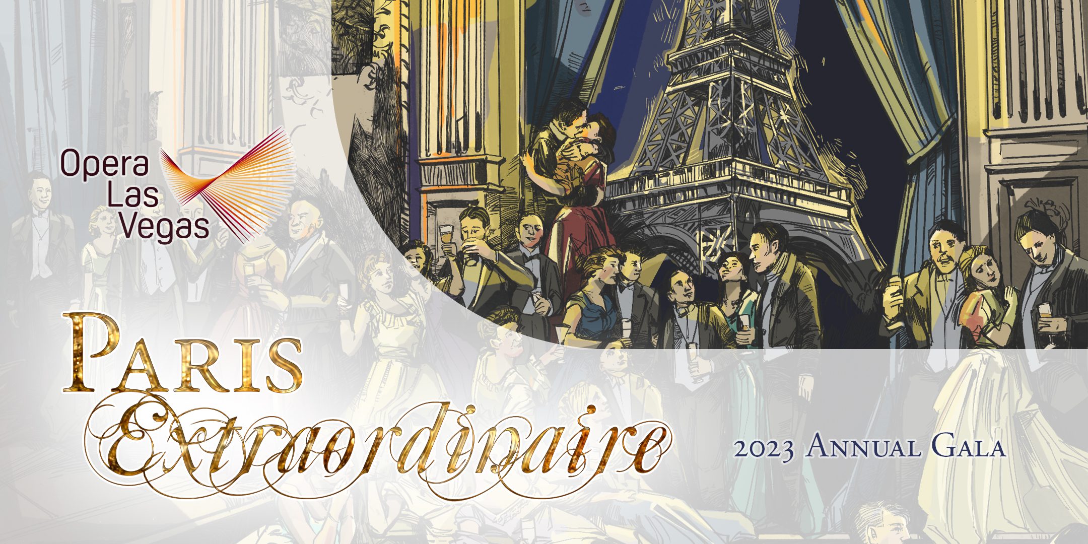 Opera Las Vegas' poster for their annual 2023 Gala, "Paris Extraordinaire." A crowd of 19th century Parisians gather for a formal ball in a luxurious ballroom with the Eiffel Tower lit in the background. Illustration by Gregory Storkan and Maria Savko.