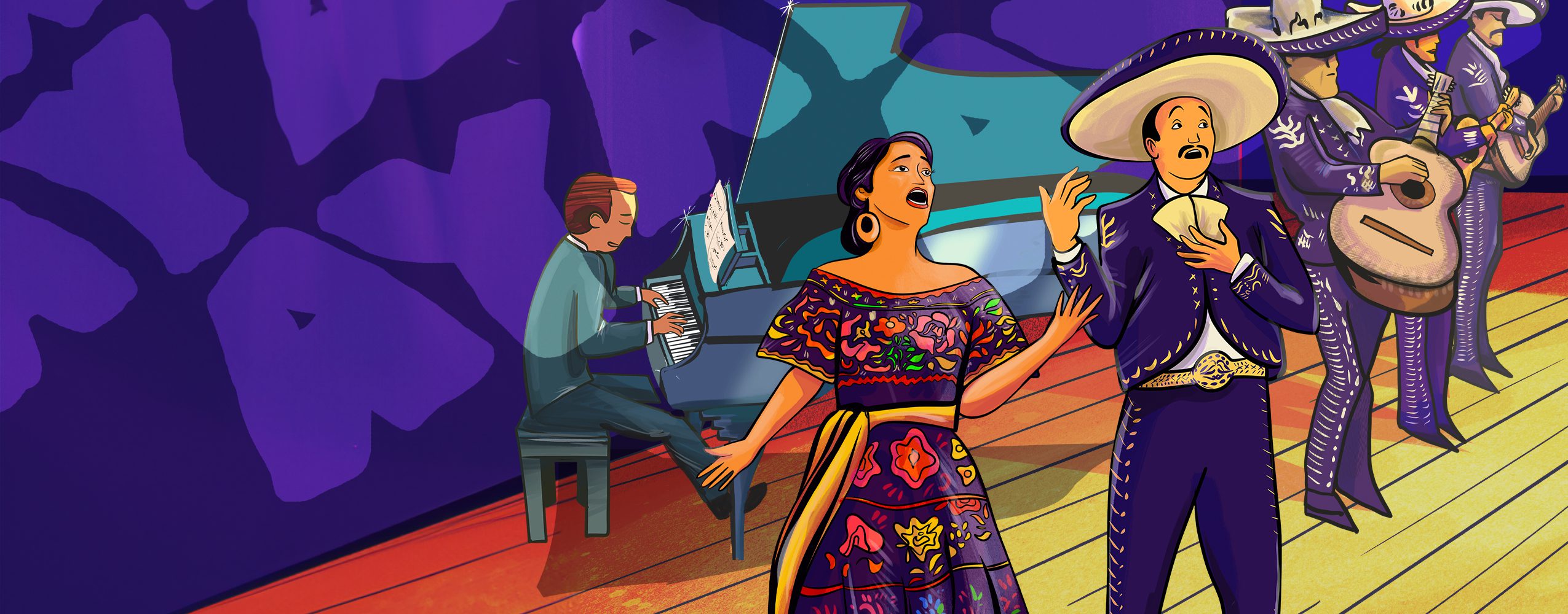 Opera Las Vegas poster for Celebracion Latina. An illustration of a woman singer in a traditional Mexican dress sings alongside a Mariachi band on a well-lit stage.