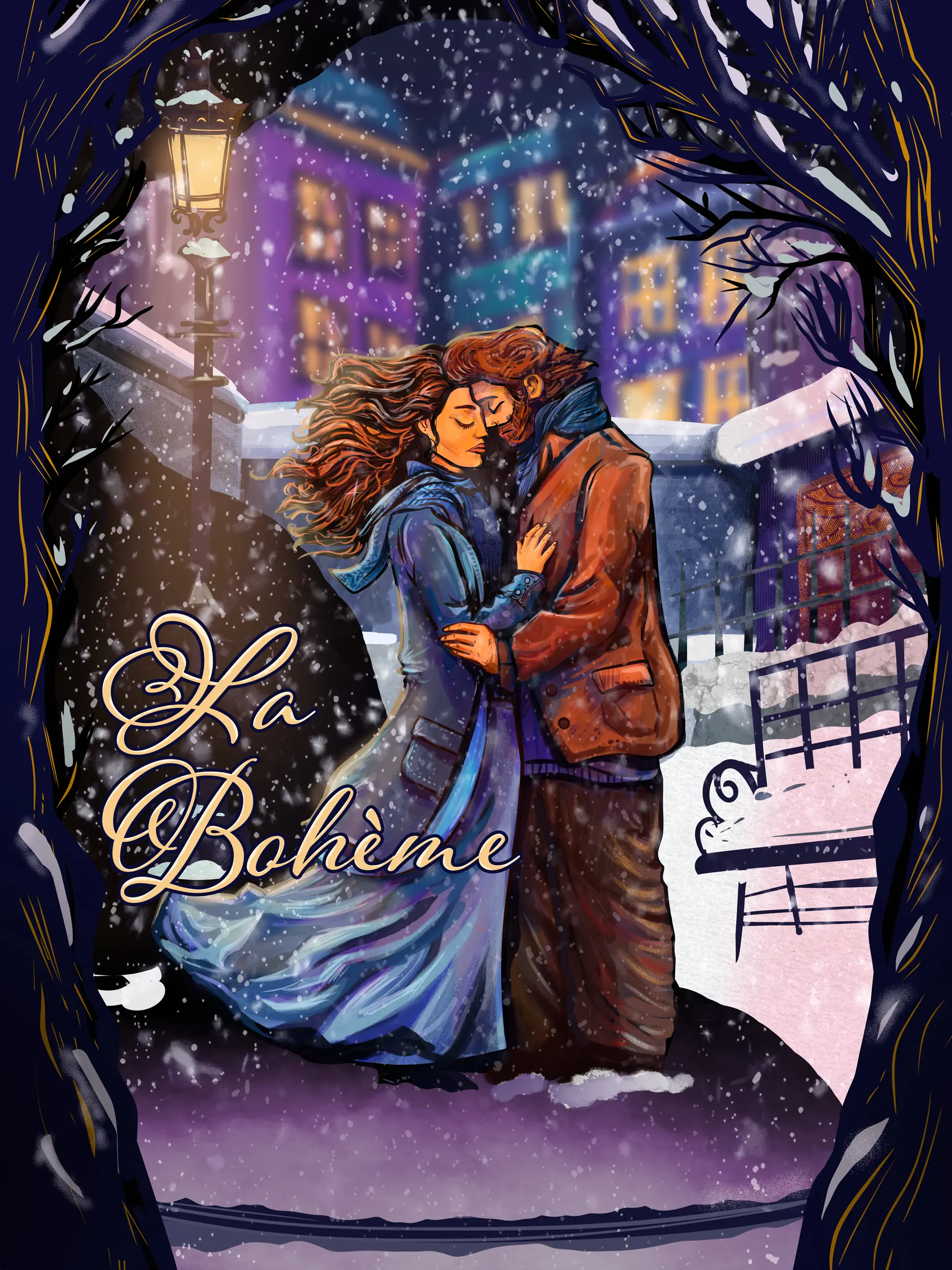 Opera Las Vegas's poster for Puccini's La Boheme. An artistic representation of Rodolfo and Mimi in the snow scene, as a trail of blackness representing her disease comes to take her away.