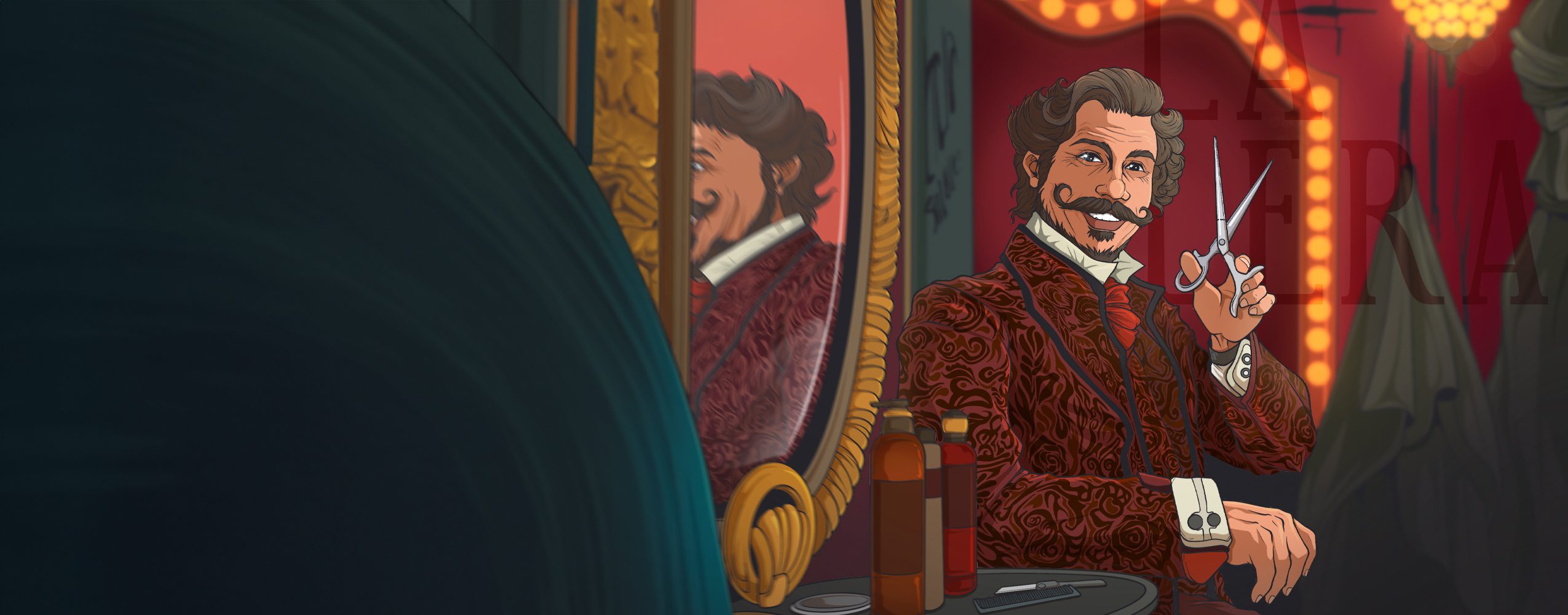 Opera Las Vegas' poster for the Barber Of Seville. A detailed cartoon illustration of an old-timey barber brandishing a pair of silver scissors as he smiles broadly in dramatic lighting.