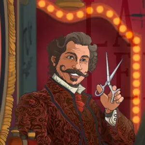 Opera Las Vegas' poster for the Barber Of Seville. A detailed cartoon illustration of an old-timey barber brandishing a pair of silver scissors as he smiles broadly in dramatic lighting.