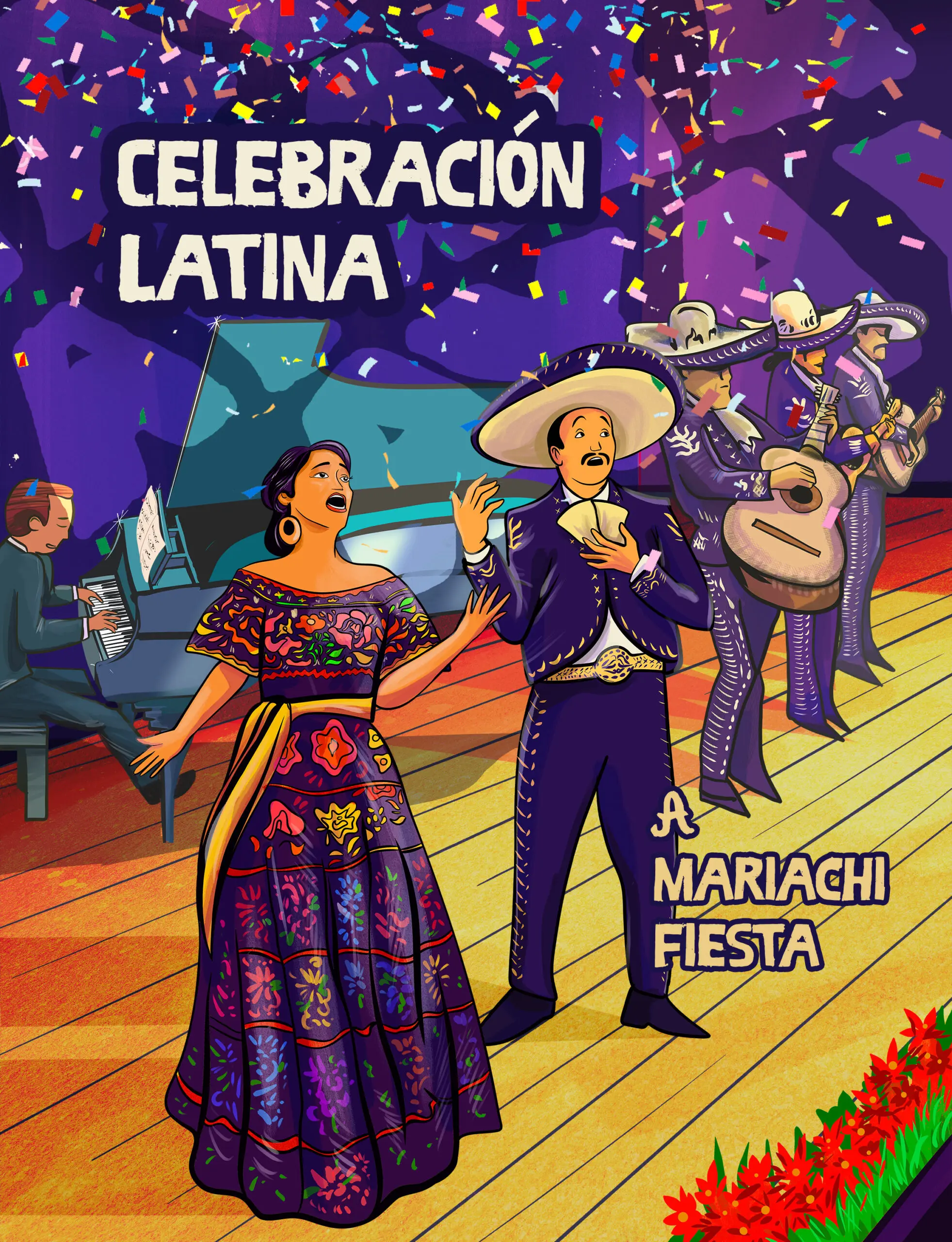 Opera Las Vegas poster for Celebracion Latina. An illustration of a woman singer in a traditional Mexican dress sings alongside a Mariachi band on a well-lit stage.