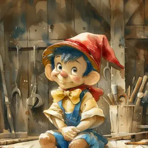 Opera Las Vegas' poster for their Fairytale Opera series, Pinocchio, featuring a watercolor painting of a cute puppet-boy sitting on a workbench.