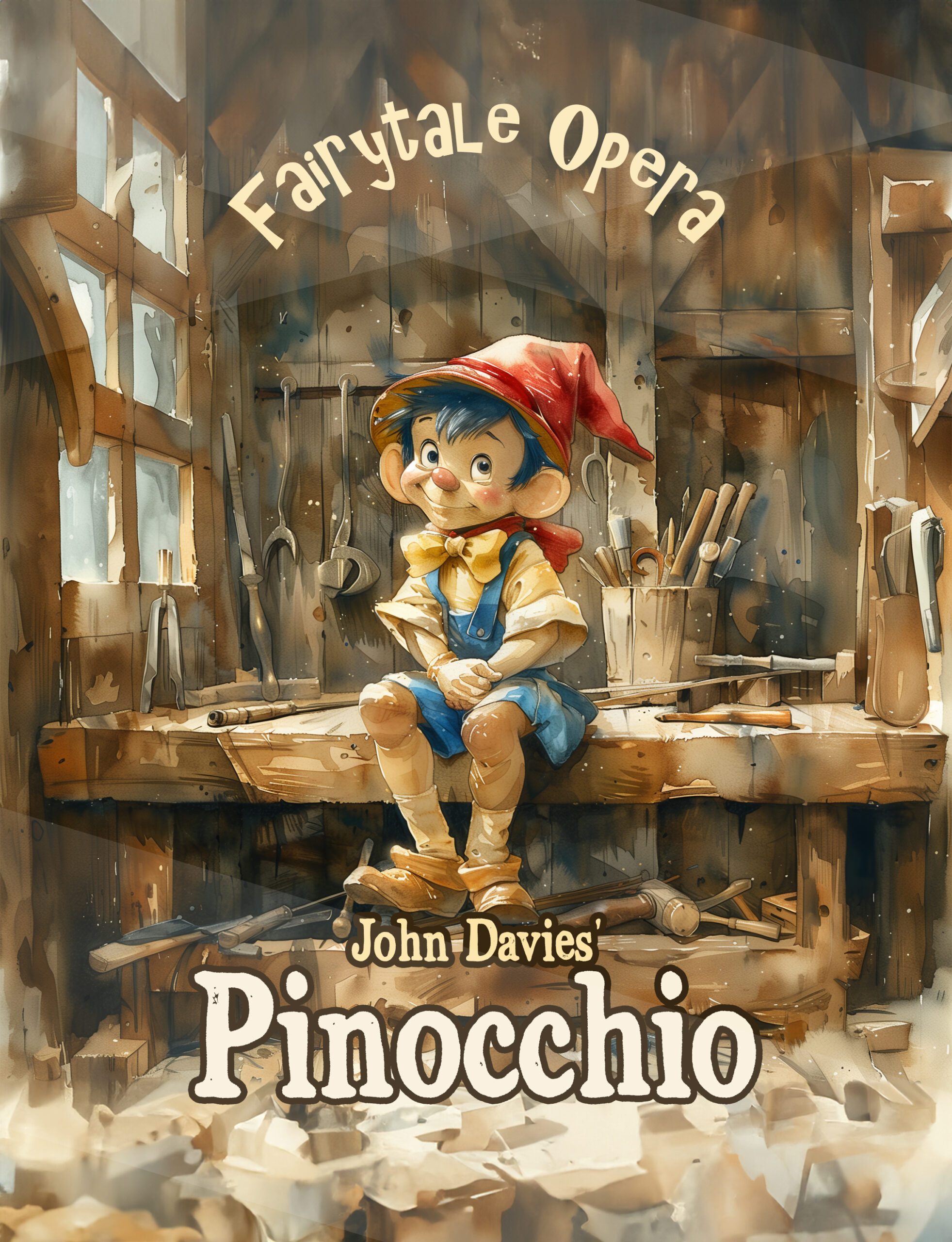 Opera Las Vegas' poster for their Fairytale Opera series, Pinocchio, featuring a watercolor painting of a cute puppet-boy sitting on a workbench.