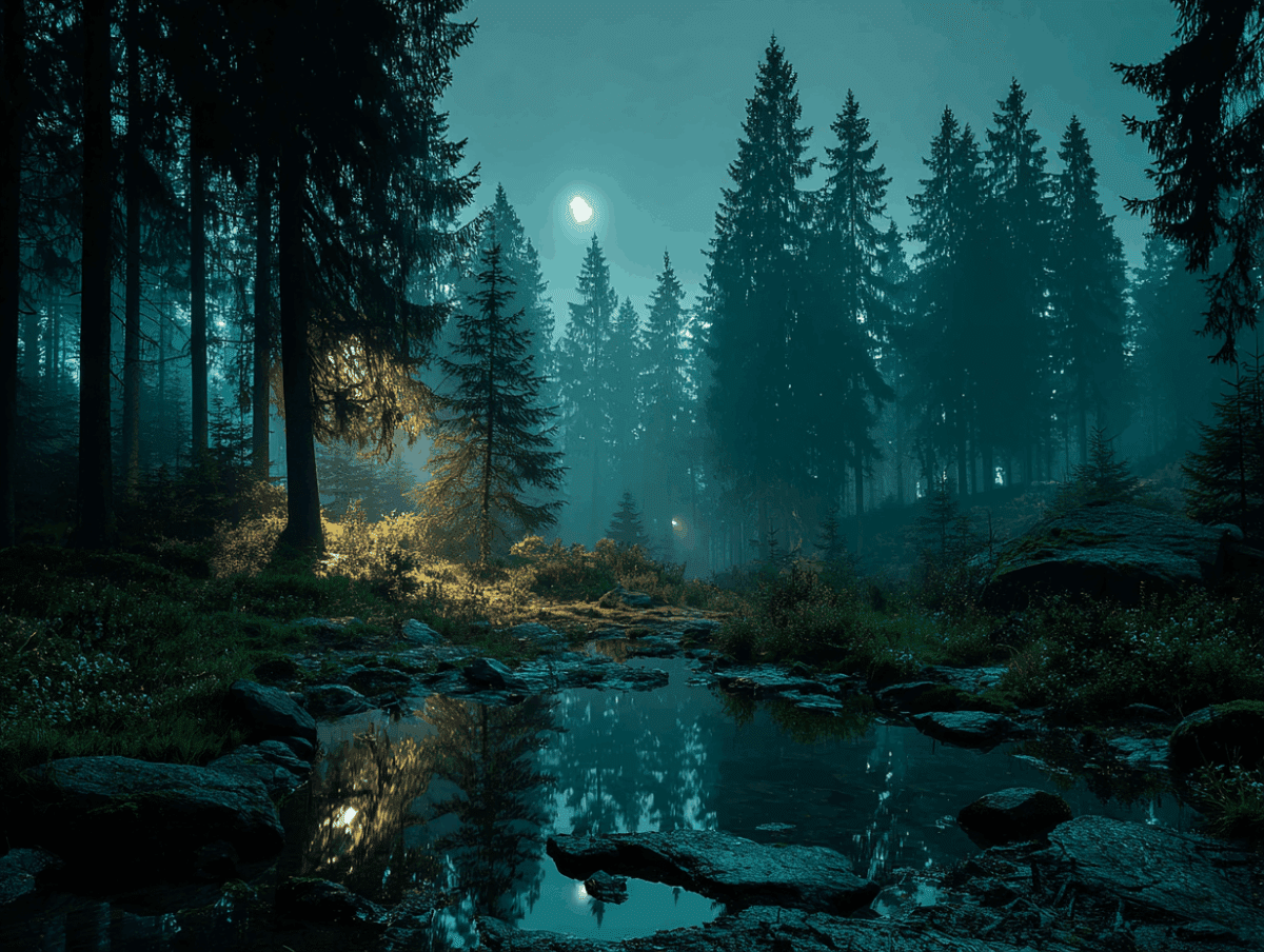 A moonlit pine grove.