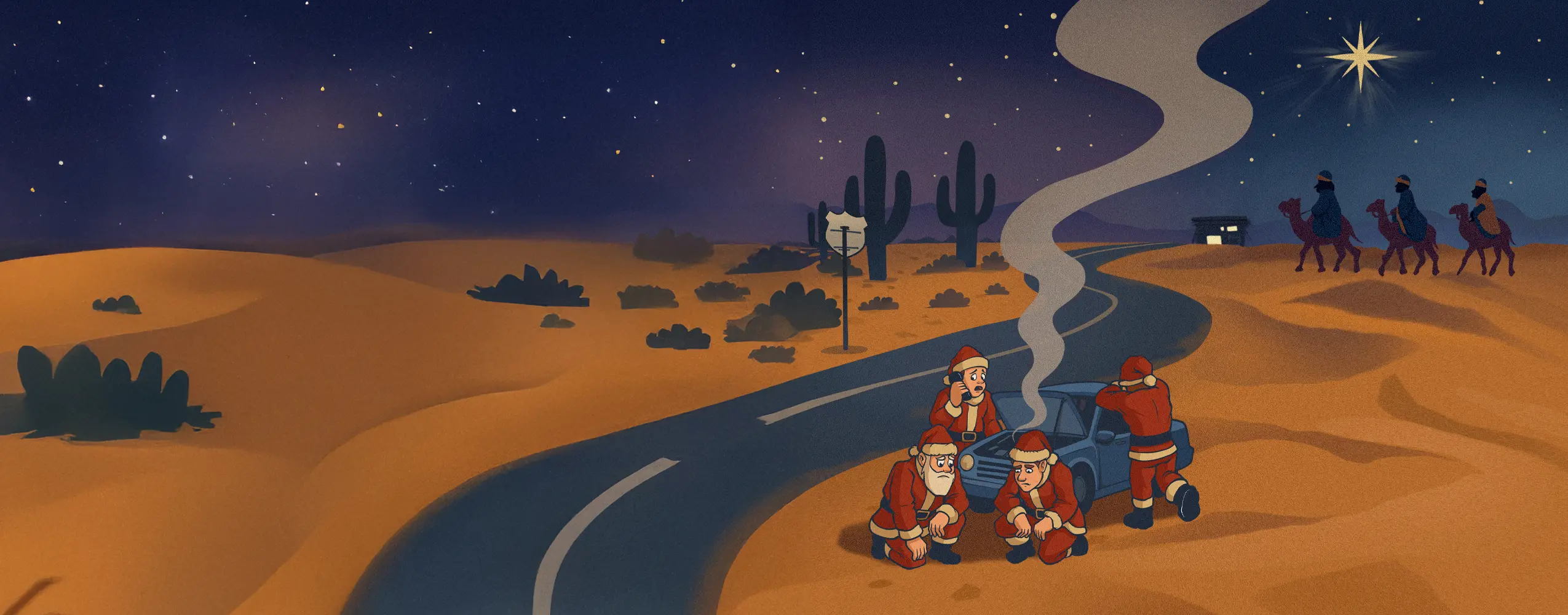 OLV's poster for Amahl and the Night Visitors, featuring a cartoon desert scene with the three Kings riding camels on the left, and a broken-down car with four despondent Santas huddled around (an illustration for the prologue, Four Lost Santas).