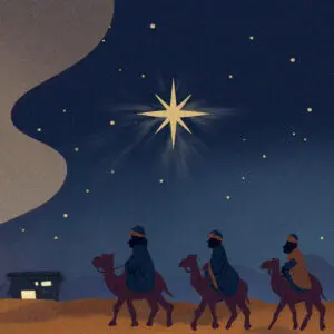 OLV's poster for Amahl and the Night Visitors, featuring a cartoon desert scene with the three Kings riding camels on the left, and a broken-down car with four despondent Santas huddled around (an illustration for the prologue, Four Lost Santas).