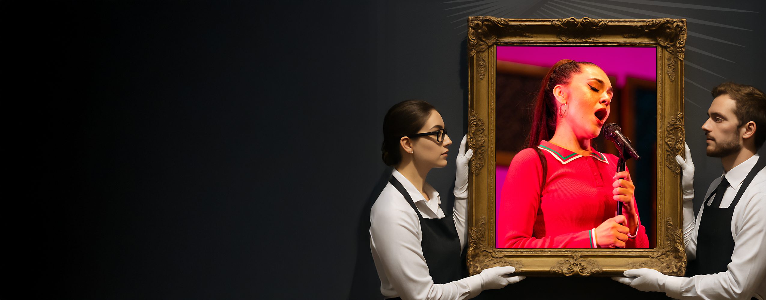 Opera Las Vegas' poster for Auction of Arias, featuring a photo of a singer in an ornate Baroque frame, held by two white-gloved auction presenters.