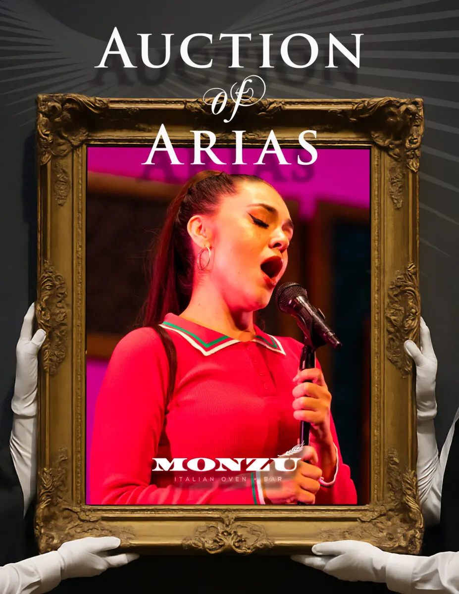 Opera Las Vegas' poster for Auction of Arias, featuring a photo of a singer in an ornate Baroque frame, held by two white-gloved auction presenters.