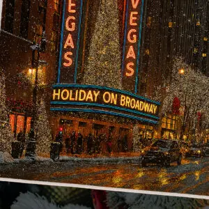 Opera Las Vegas' poster for "Holiday on Broadway," featuring a Christmas card with an image of Radio City Music hall over a Christmas tree scene.