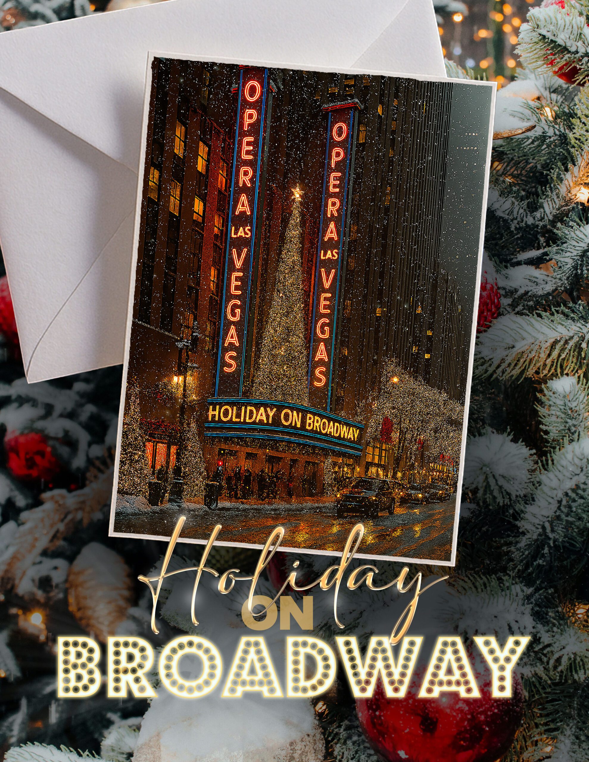 Opera Las Vegas' poster for "Holiday on Broadway," featuring a Christmas card with an image of Radio City Music hall over a Christmas tree scene.