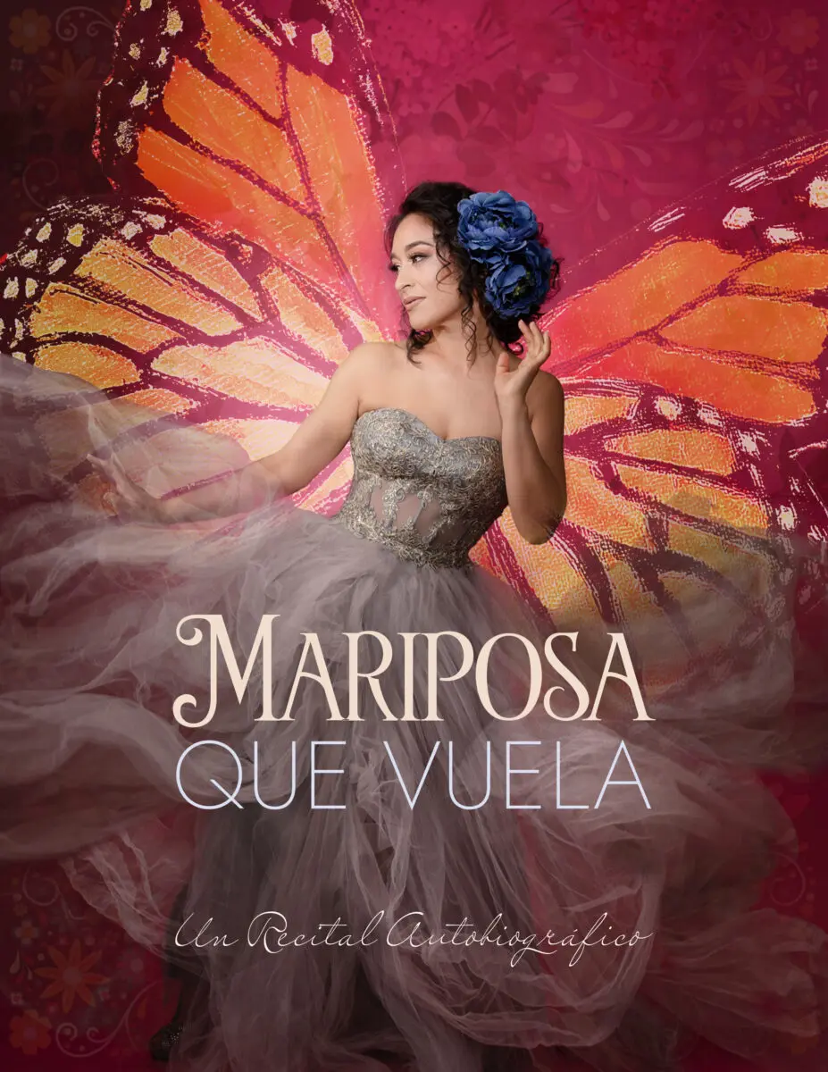 Cecilia Violetta Lopez poses in a dance-like stance wearing a floor-length gown. Behind her, two ethereal butterfly wings glow over a flowery background.
