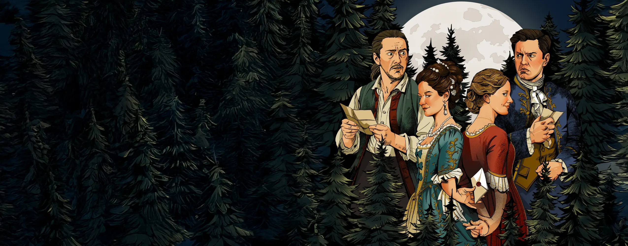 OLV's marketing poster for Le Nozze di Figaro, featuring a hand-drawn illustration of the four main characters—the Count, Countess, Susanna, and Figaro—secretly passing letters in a moonlit pine grove.