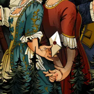Icon for OLV's production of Le Nozze di Figaro, showing the Countess secretly passing a letter to Susanna.