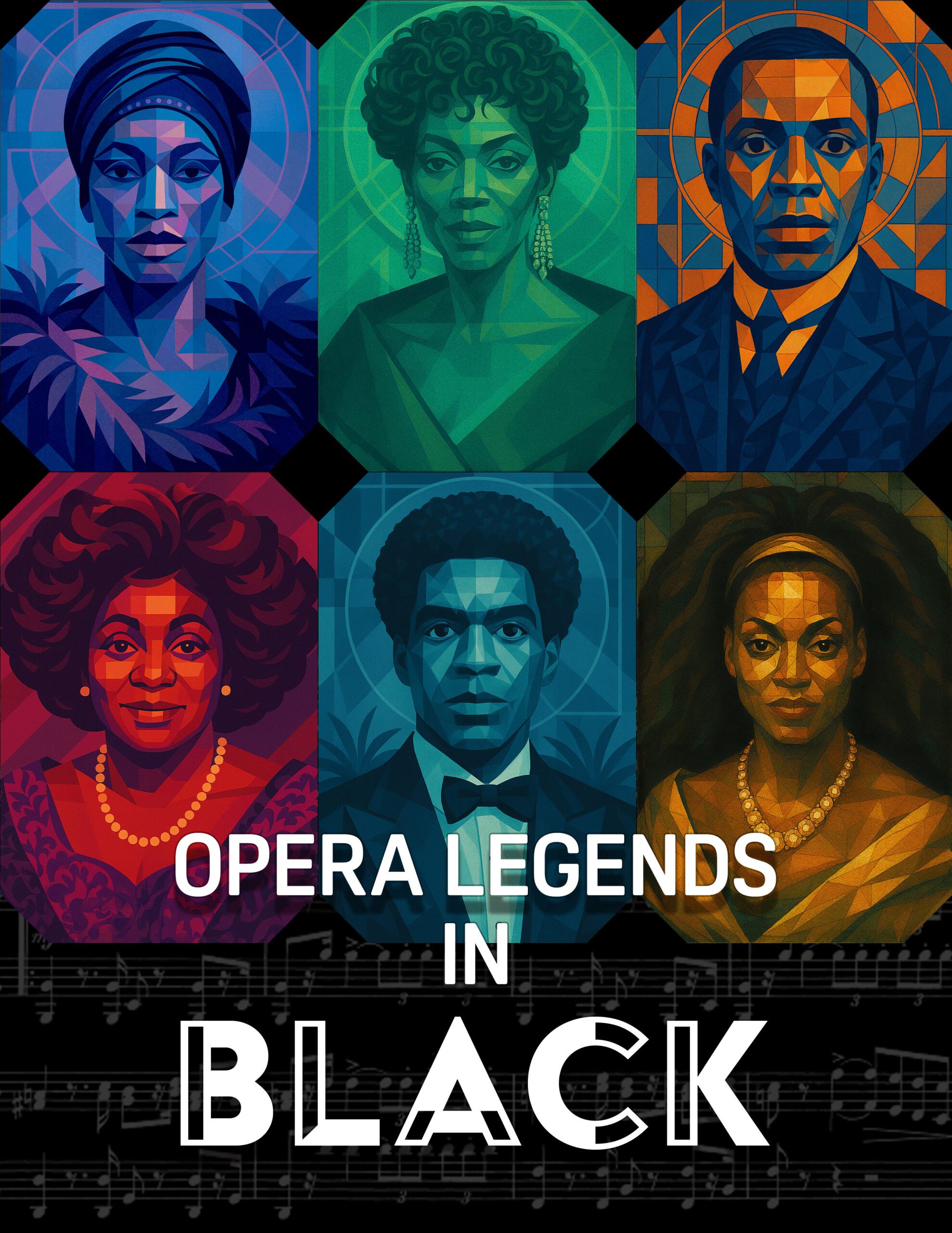 Opera Las Vegas' poster for "Opera Legends in Black," featuring colorful geometric portraits of legendary black opera singers.