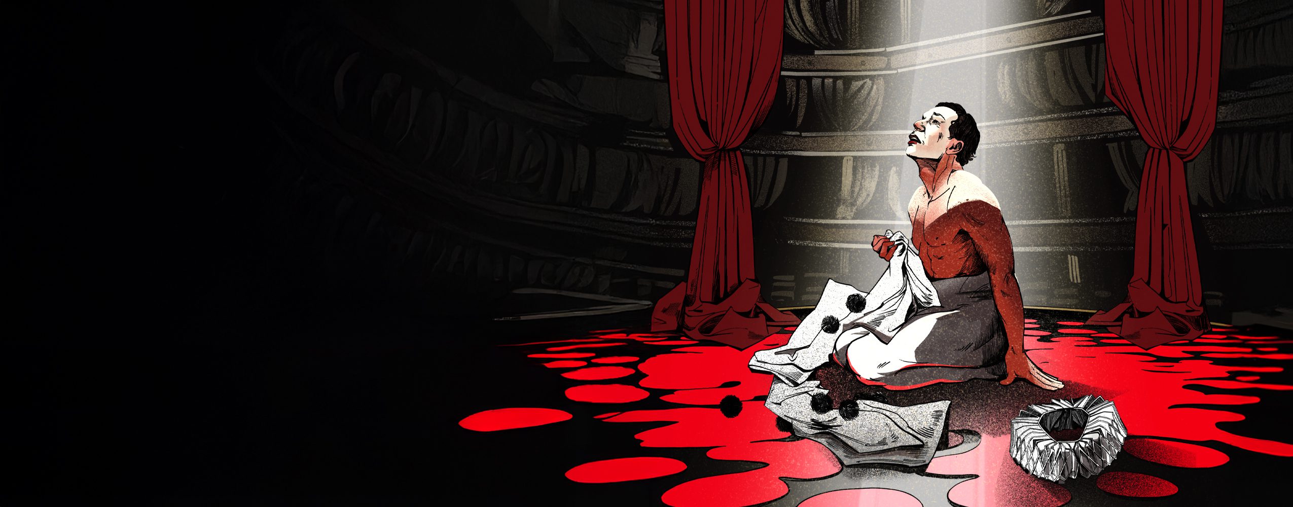 OLV's poster for Pagliacci, featuring a hand-drawn illustration of Canio collapsed on an empty stage in grief, in a state of undress, staring up at a single spotlight beaming down.