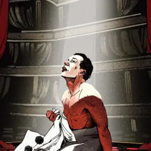 OLV's poster for Pagliacci, featuring a hand-drawn illustration of Canio collapsed on an empty stage in grief, in a state of undress, staring up at a single spotlight beaming down.