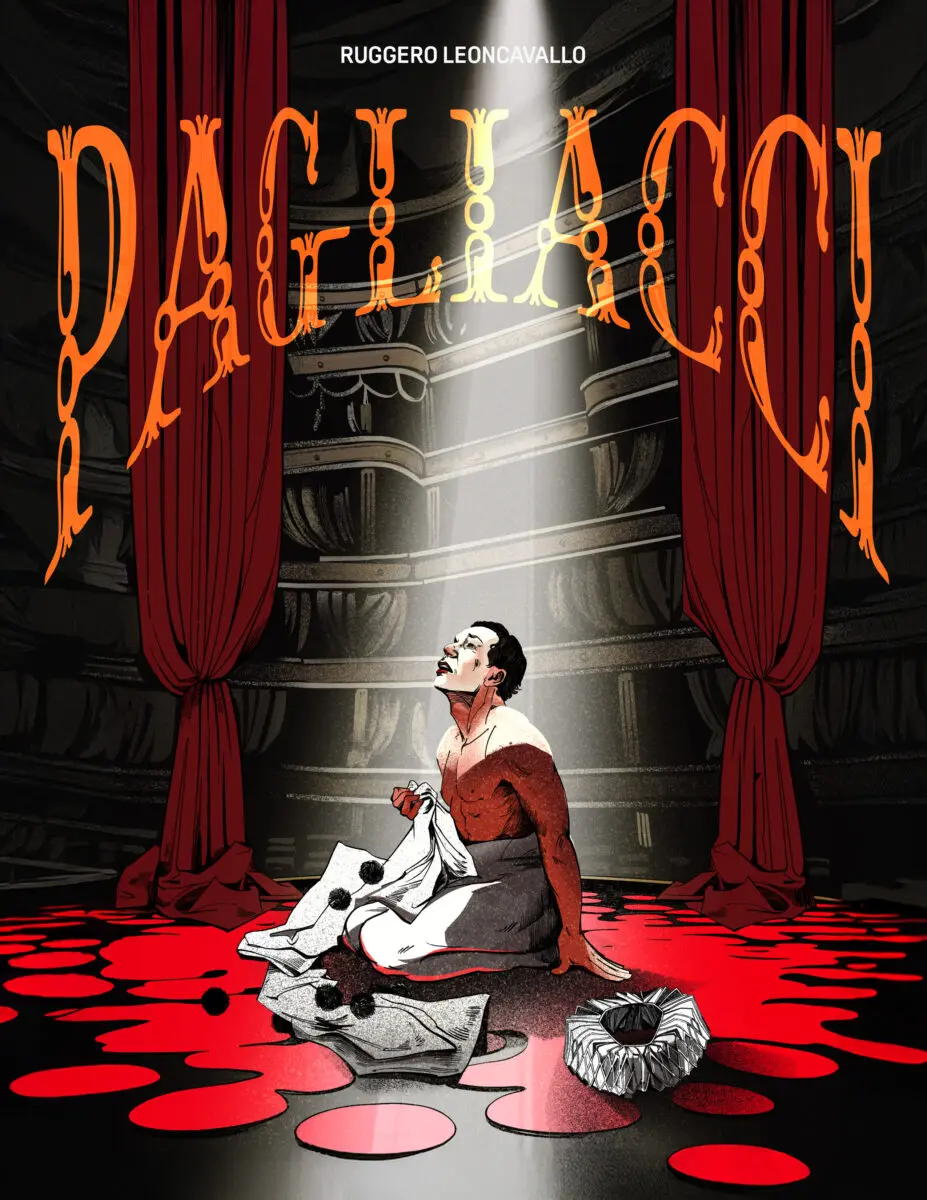 OLV's poster for Pagliacci, featuring a hand-drawn illustration of Canio collapsed on an empty stage in grief, in a state of undress, staring up at a single spotlight beaming down.