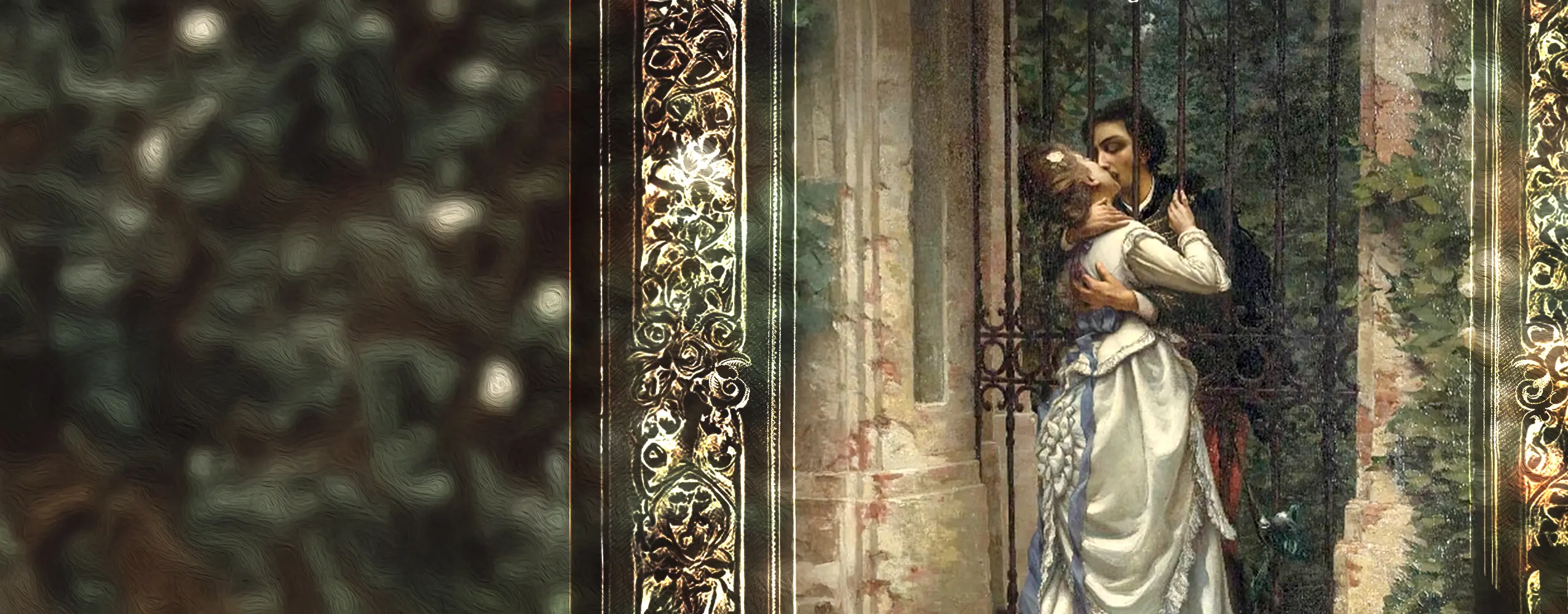 Opera Las Vegas's poster for Passion for Puccini, featuring a famous painting of two lovers kissing through the bars of a garden gate.