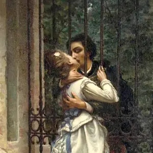 Opera Las Vegas's poster for Passion for Puccini, featuring a famous painting of two lovers kissing through the bars of a garden gate.