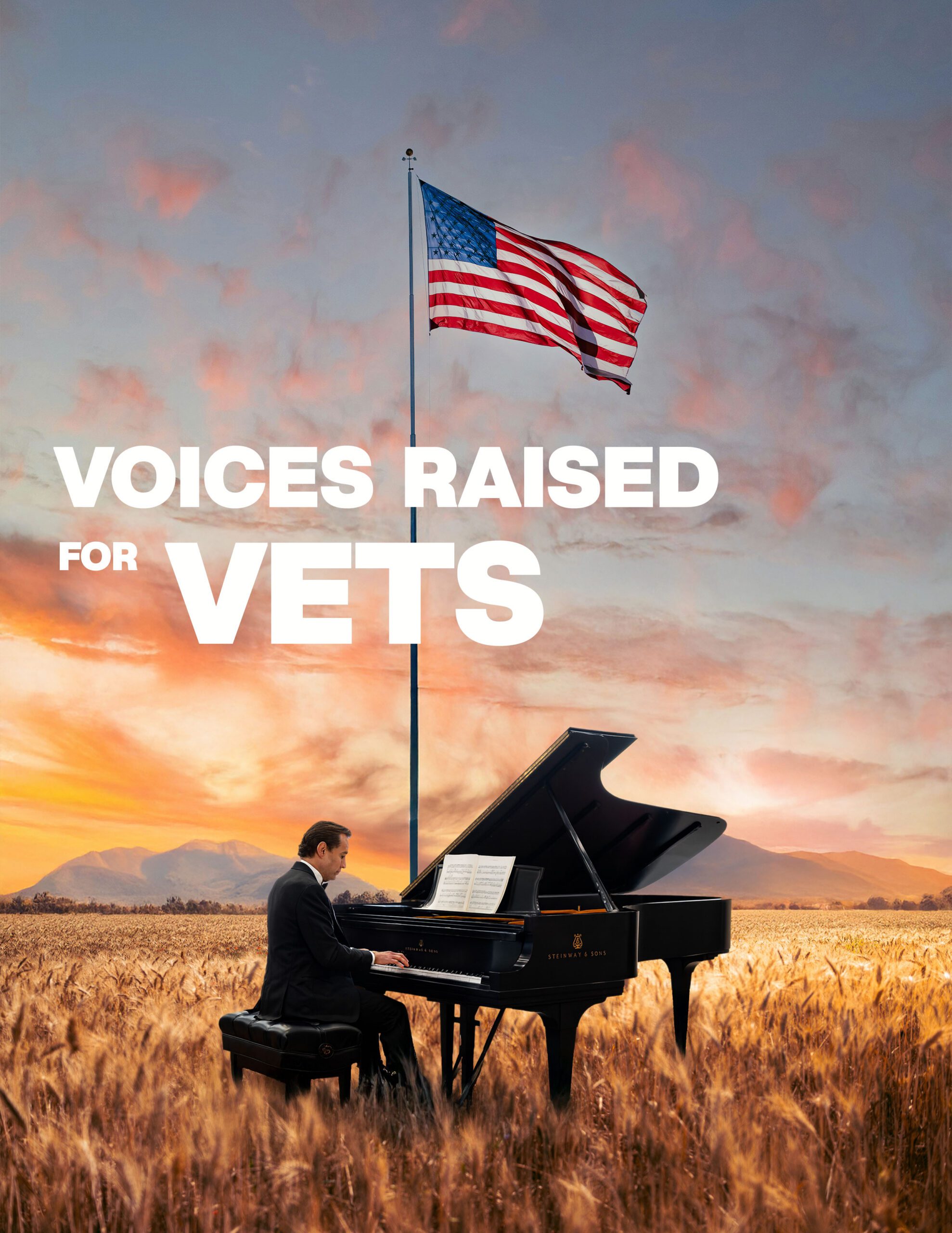 Opera Las Vegas' poster for "Voices Raised for Vets," featuring a solo pianist playing a grand piano in the middle of a field of wheat, symbolizing amber waves of grain. A flagpole with an American flag raised stands behind the piano, and the setting sun offers a calm, peaceful mood.